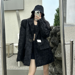 小众设计感宽松须边拉毛西服上衣金属扣宽松西装外套男女