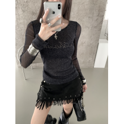 2K 辣妹風微透金屬細閃網紗燙鑽長袖上衣 2K 辣妹風微透金屬細閃網紗燙鑽長袖上衣
